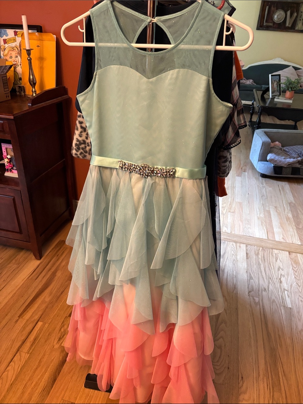 Rare Editions Mint & Coral Ruffled Tulle Party Dress